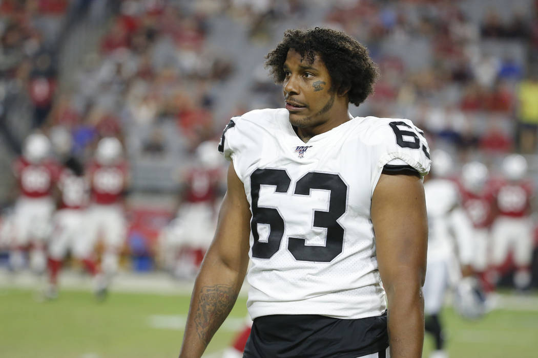 Oakland Raiders Ethan Westbrooks (63) during an an NFL preseason football game against the Ariz ...