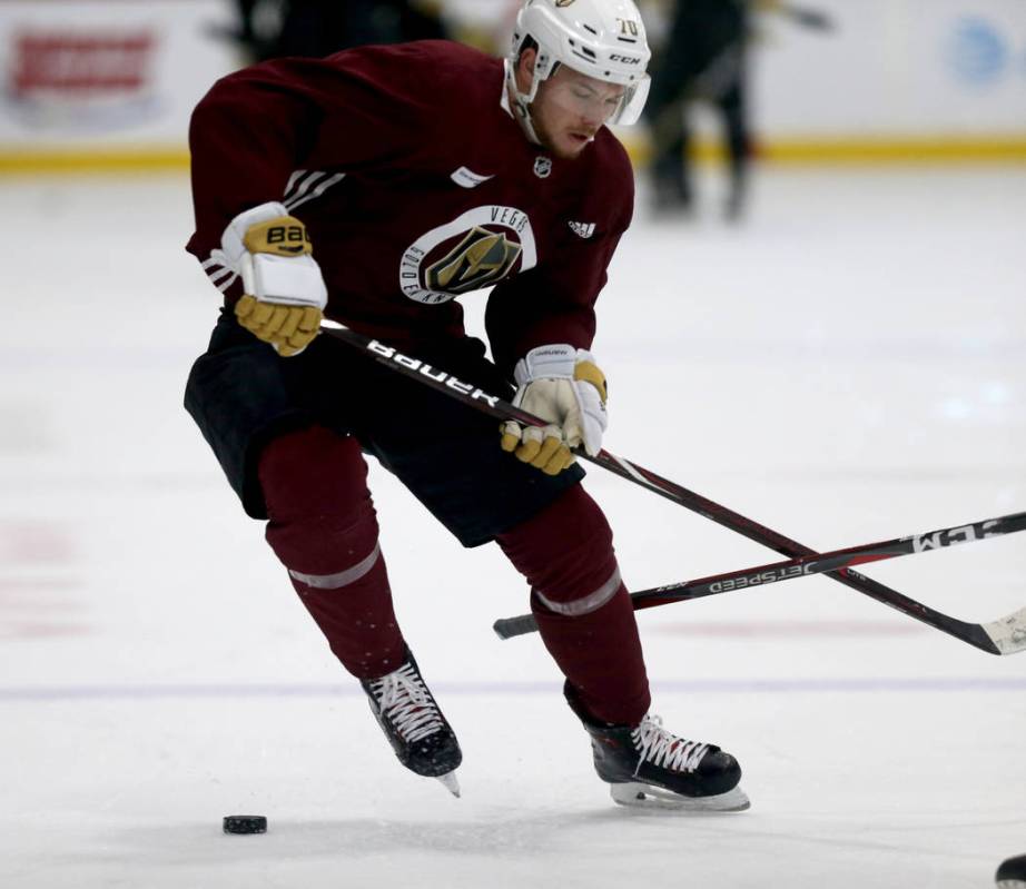 Vegas Golden Knights forward Lucas Elvenes (70) during practice at City National Arena Monday, ...