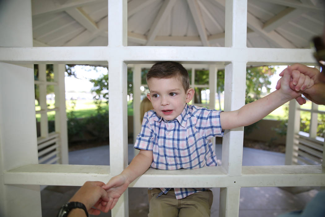 Logan Bayley, 4, holds his father Steve, at Floyd Lamb Park in Las Vegas, Saturday, Aug. 24, 20 ...