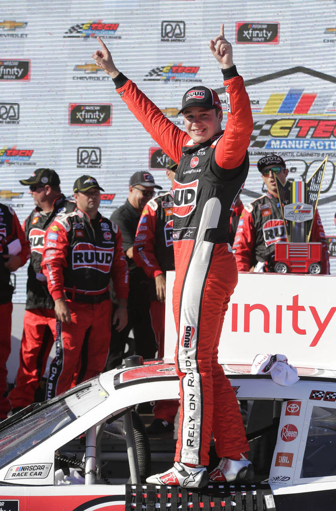 Christopher Bell celebrates in Victory Lane after winning the NASCAR Xfinity Series auto race S ...