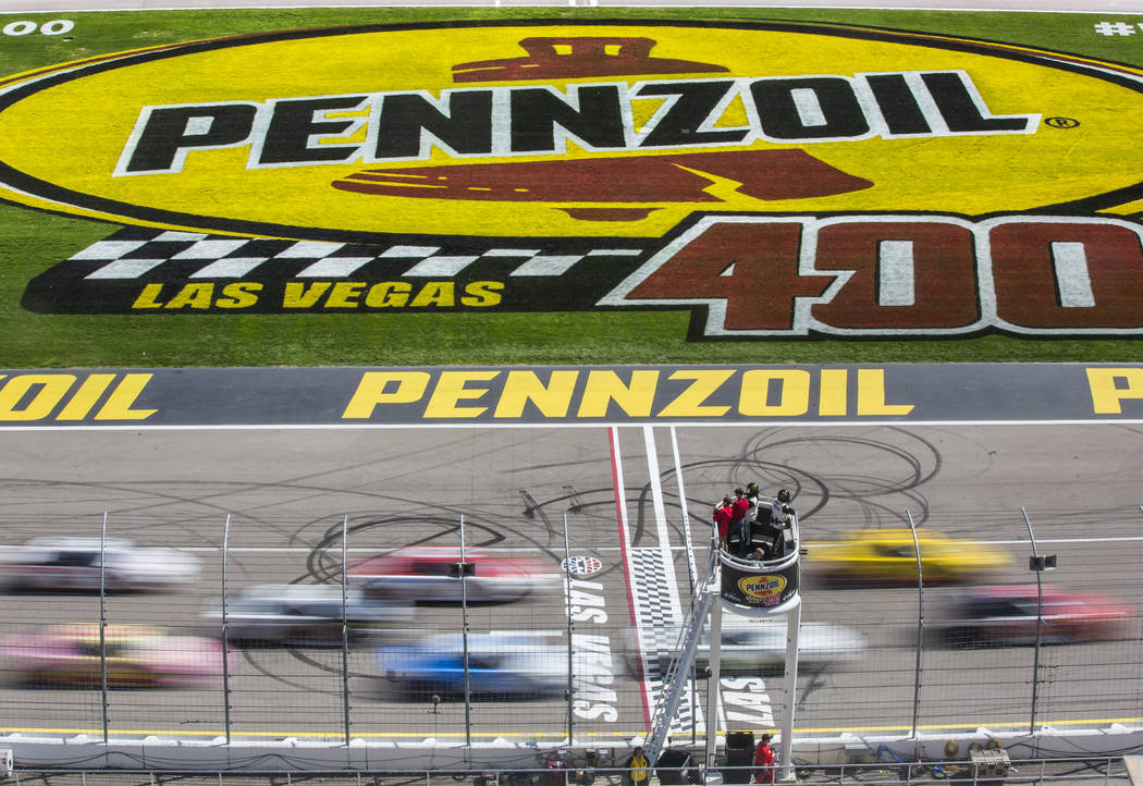 Racers compete in the Monster Energy NASCAR Cup Series Pennzoil 400 on Sunday, March 3, 2019, a ...