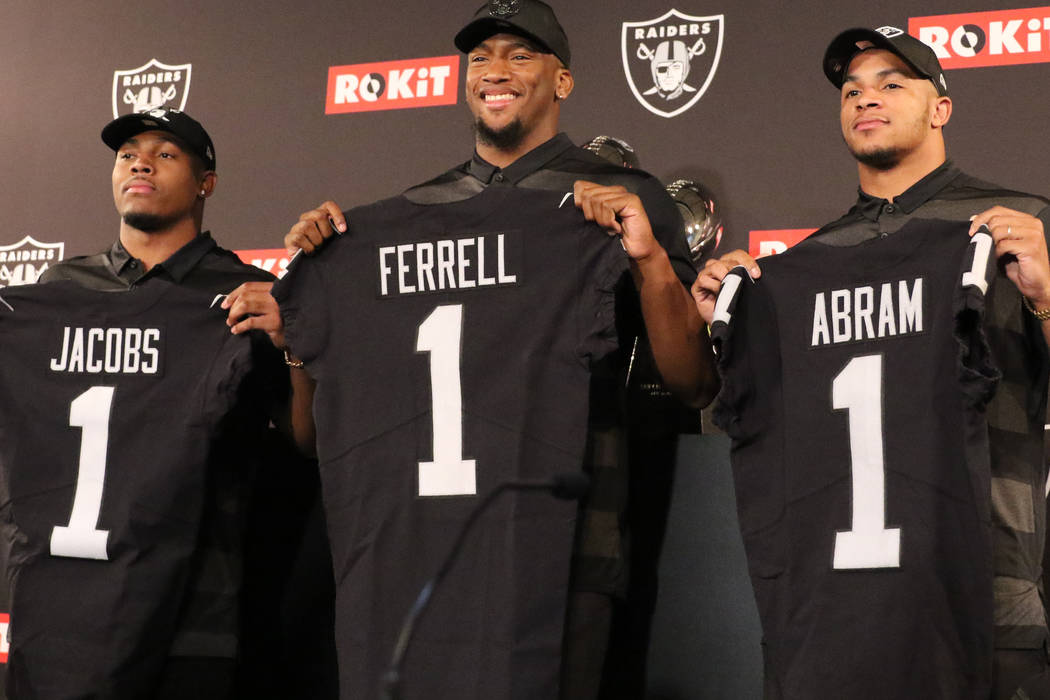 The Oakland Raiders first-round picks from the 2019 NFL Draft: running back Josh Jacobs, left, ...