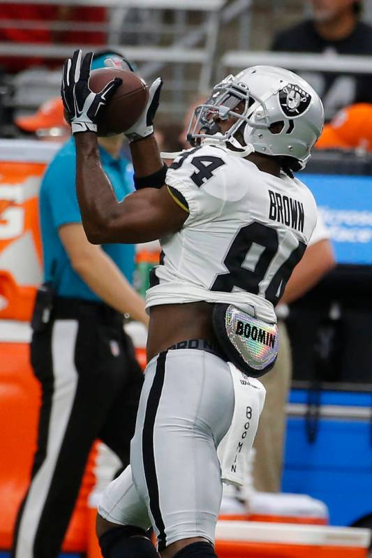 Oakland Raiders wide receiver Antonio Brown (84) during an an NFL preseason football game again ...