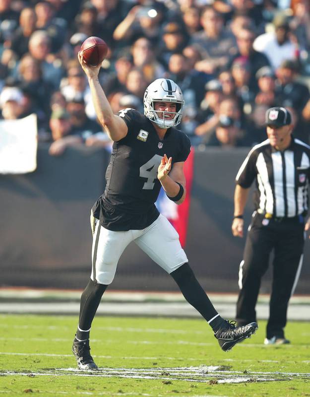 Oakland Raiders quarterback Derek Carr (4) passes against the Los Angeles Chargers during the s ...