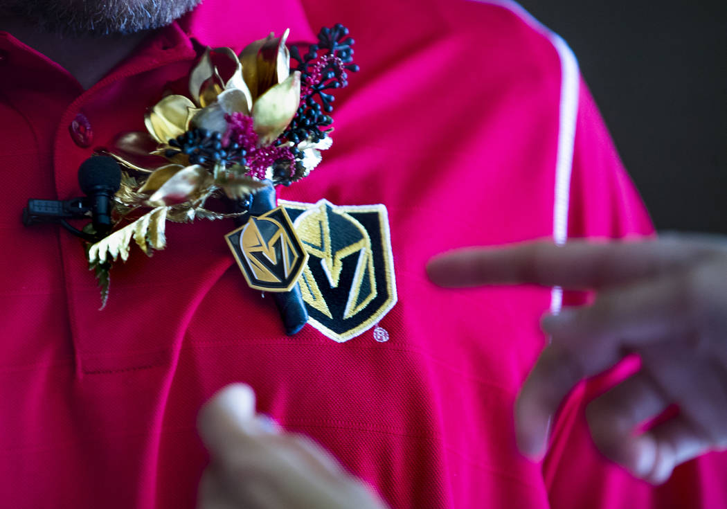 Groom Justin Long sports a Vegas Golden Knights themed boutonnire before player Ryan Reav ...