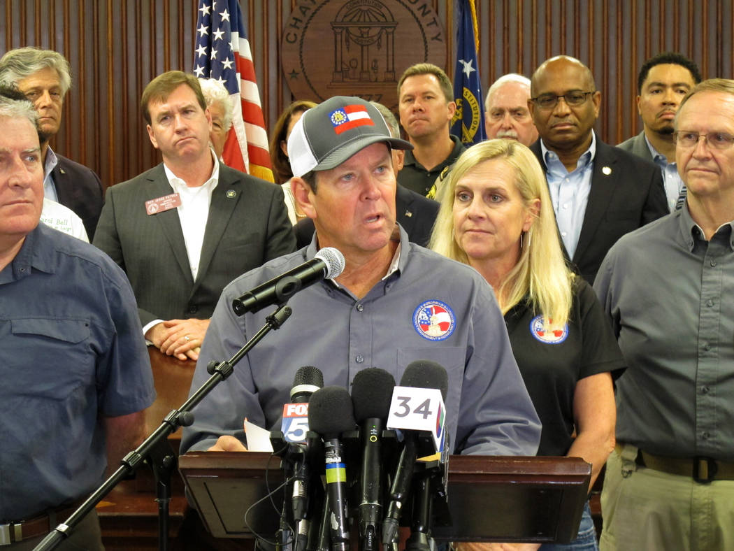 Georgia Gov. Brian Kemp discusses evacuations and emergency plans for Hurricane Dorian during a ...