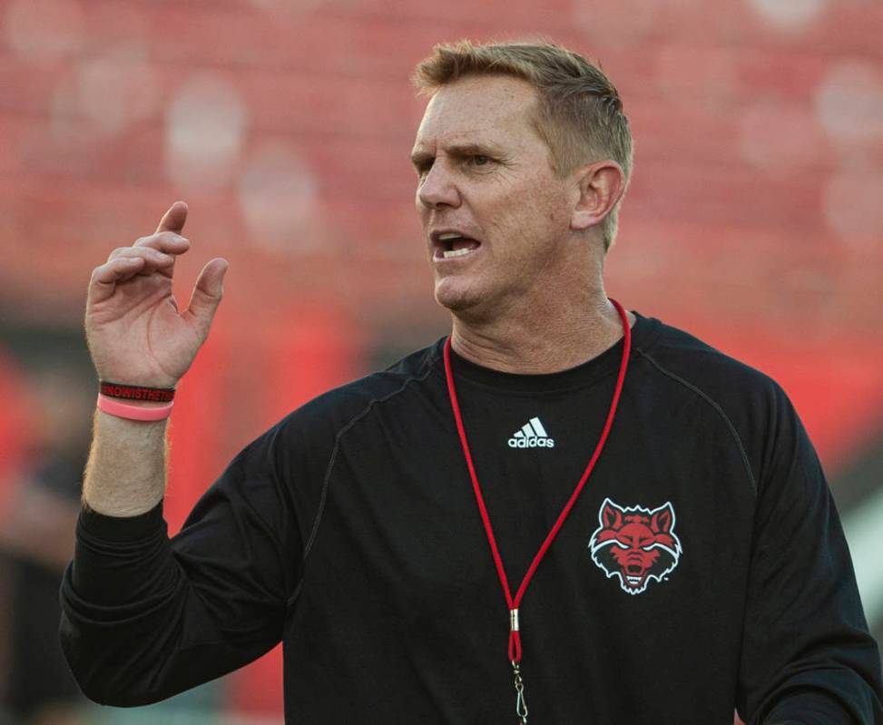 Arkansas State coach Blake Anderson speaks during the NCAA college football team's scrimmage Sa ...