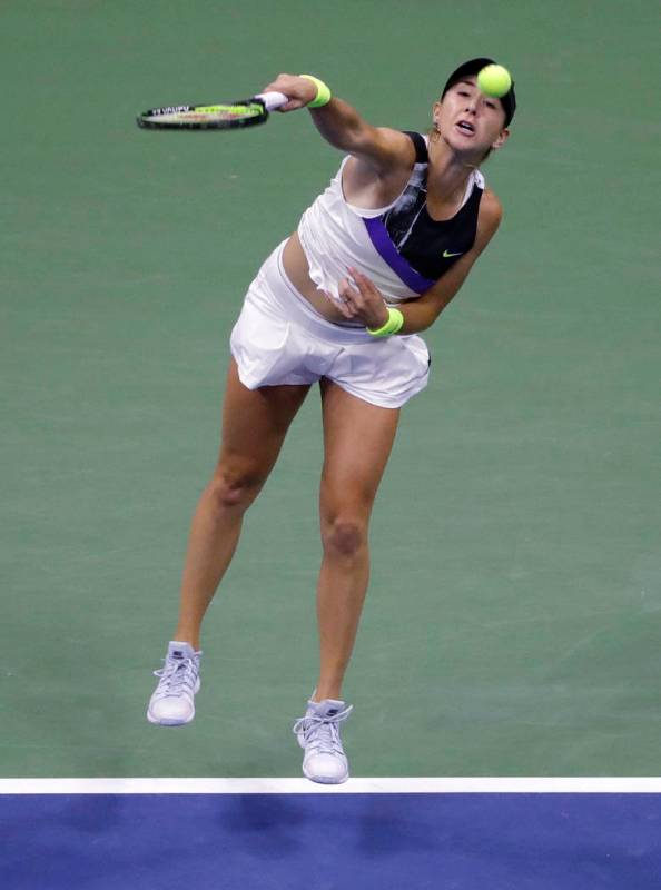 Belinda Bencic, of Switzerland, serves against Naomi Osaka, of Japan, during the fourth round o ...