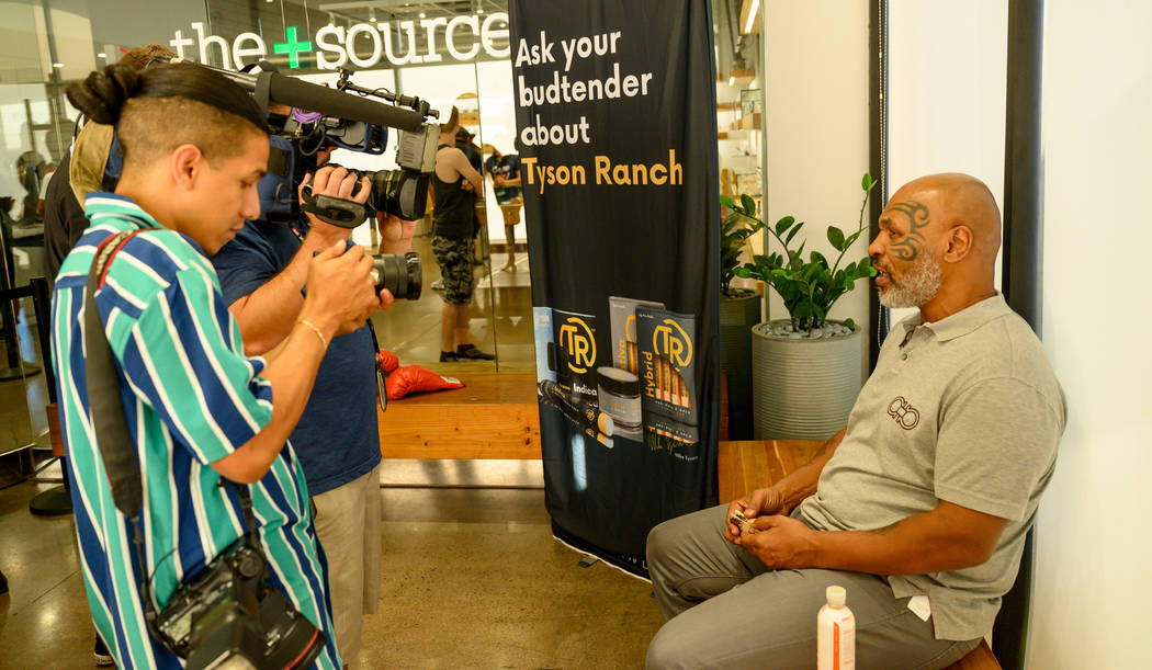 Mike Tyson is shown during an interview at the Source cannabis dispensary in Henderson on Satur ...