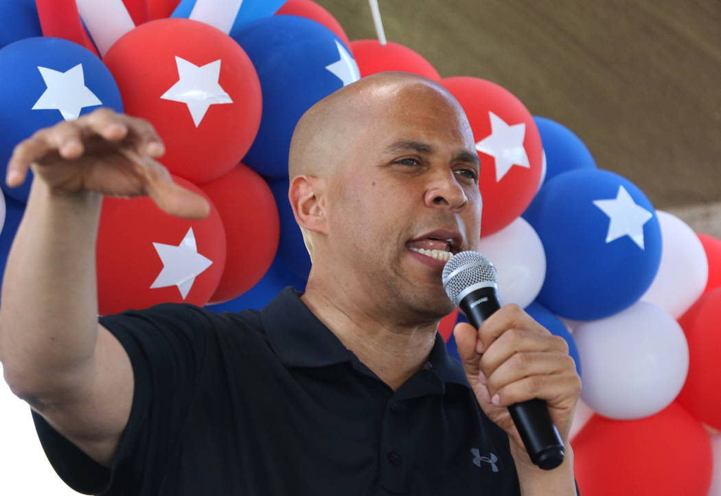 Democratic presidential candidate Sen. Cory Booker, D-N.J., speaks during Rep. Steven Horsford' ...