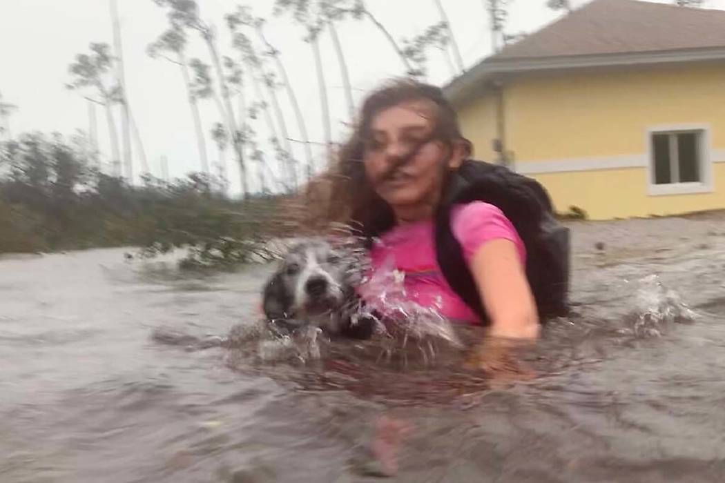 Julia Aylen wades through waist deep water carrying her pet dog as she is rescued from her floo ...