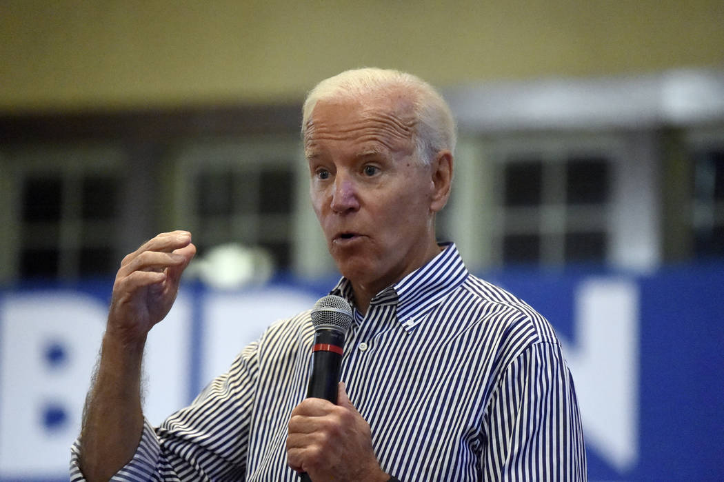 Former Vice President Joe Biden speaks, Wednesday, Aug. 28, 2019, at a town hall for his Democr ...