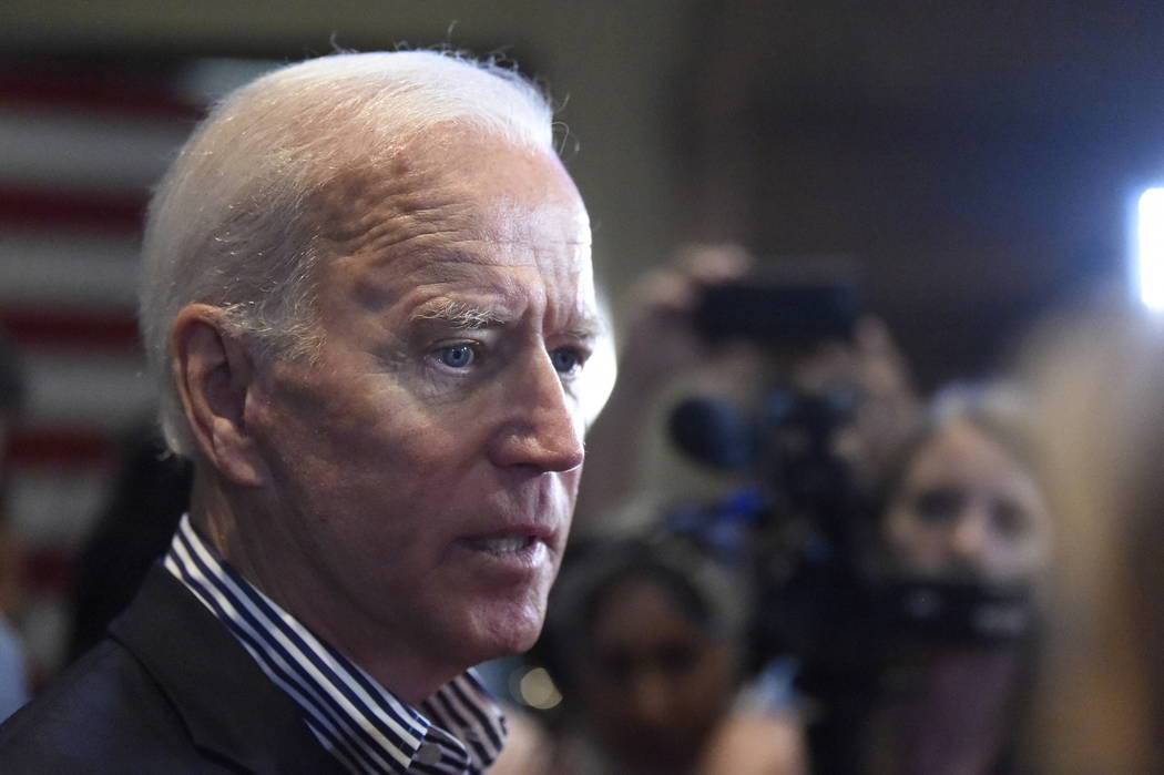 Democratic presidential candidate former Vice President Joe Biden speaks with reporters on Wedn ...