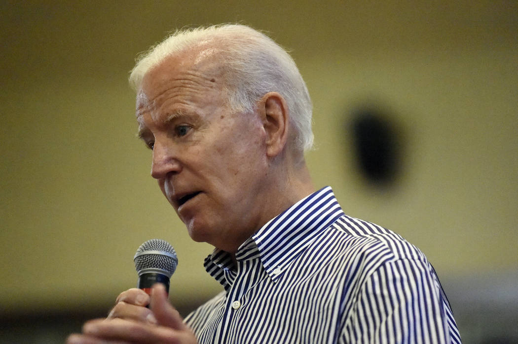 Former Vice President Joe Biden speaks, Wednesday, Aug. 28, 2019, at a town hall for his Democr ...