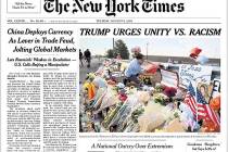 This image shows a tweeted version of The New York Times front page for Tuesday, Aug. 6, 2019. ...