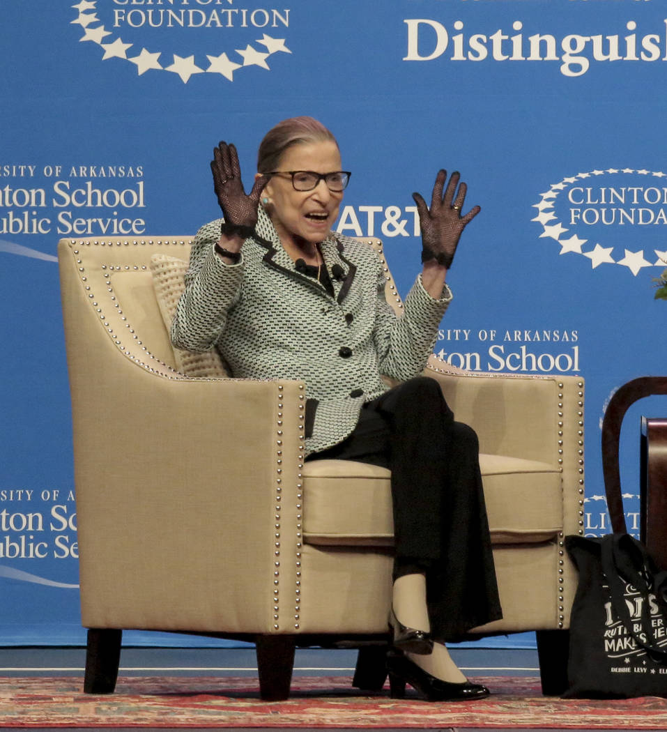 Supreme Court Justice Ruth Bader Ginsburg speaks to a cheering crowd at Verizon Arena Tuesday, ...