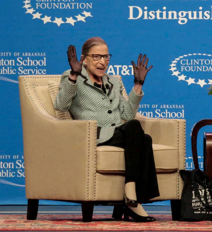 Supreme Court Justice Ruth Bader Ginsburg speaks to a cheering crowd at Verizon Arena Tuesday, ...