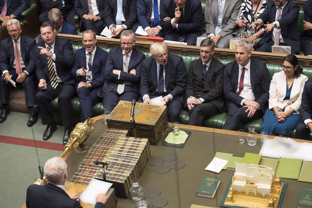 In this image released by the House of Commons, Labour leader Jeremy Corbyn speaks in the House ...