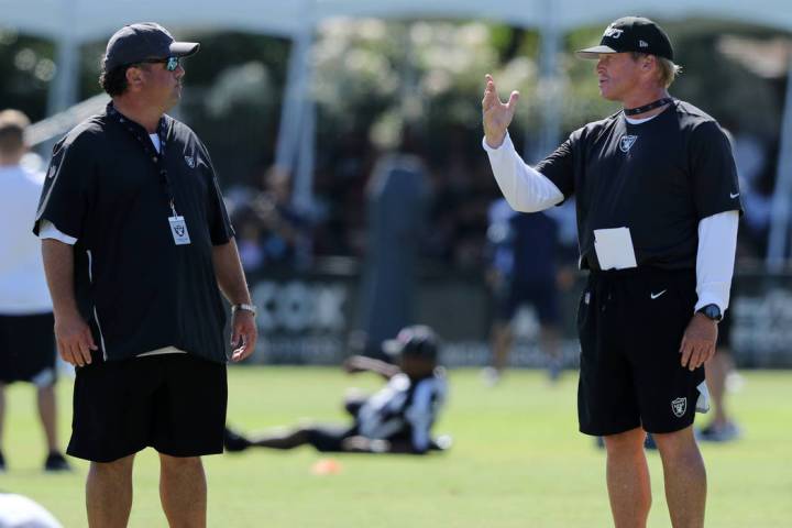 Oakland Raiders defensive coordinator Paul Guenther, left, meets with head coach Jon Gruden dur ...