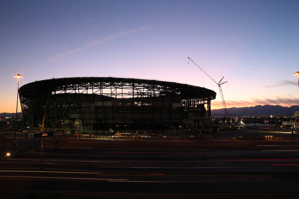 Allegiant Stadium during sunset in Las Vegas, Saturday, Sept. 7, 2019. (Erik Verduzco / Las Veg ...