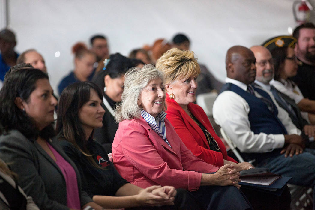 Congresswoman Dina Titus, left, and Mayor Carolyn Goodman listen to Dr. Arnold Stalk, president ...