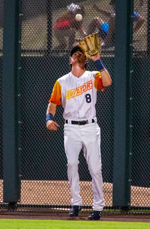 Las Vegas Aviators right fielder Skye Bolt (8) looks in a long shot from the Sacramento River C ...