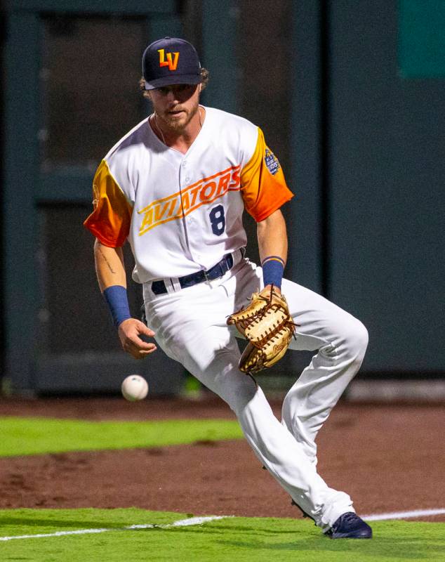 Las Vegas Aviators right fielder Skye Bolt (8) follows a foul ball versus the Sacramento River ...