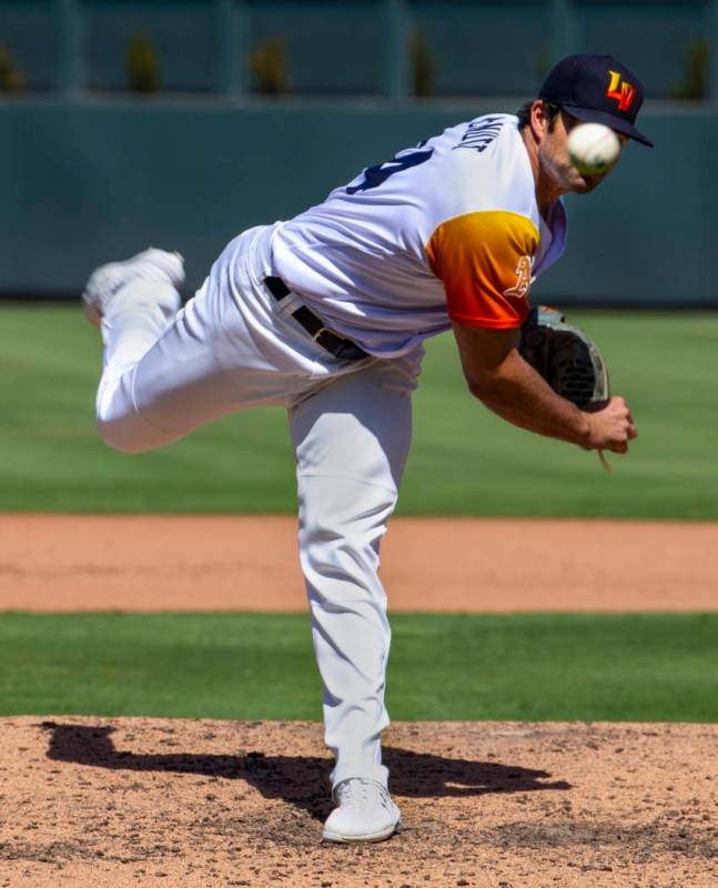 Las Vegas Aviators pitcher Trey McNutt (34) eyes a throw versus the Sacramento River Cats durin ...