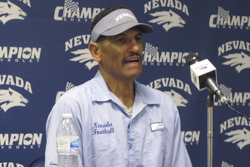 Nevada coach Jay Norvell talks to reporters in Reno, Nev., Monday, Aug. 26, 2019, ahead of Frid ...