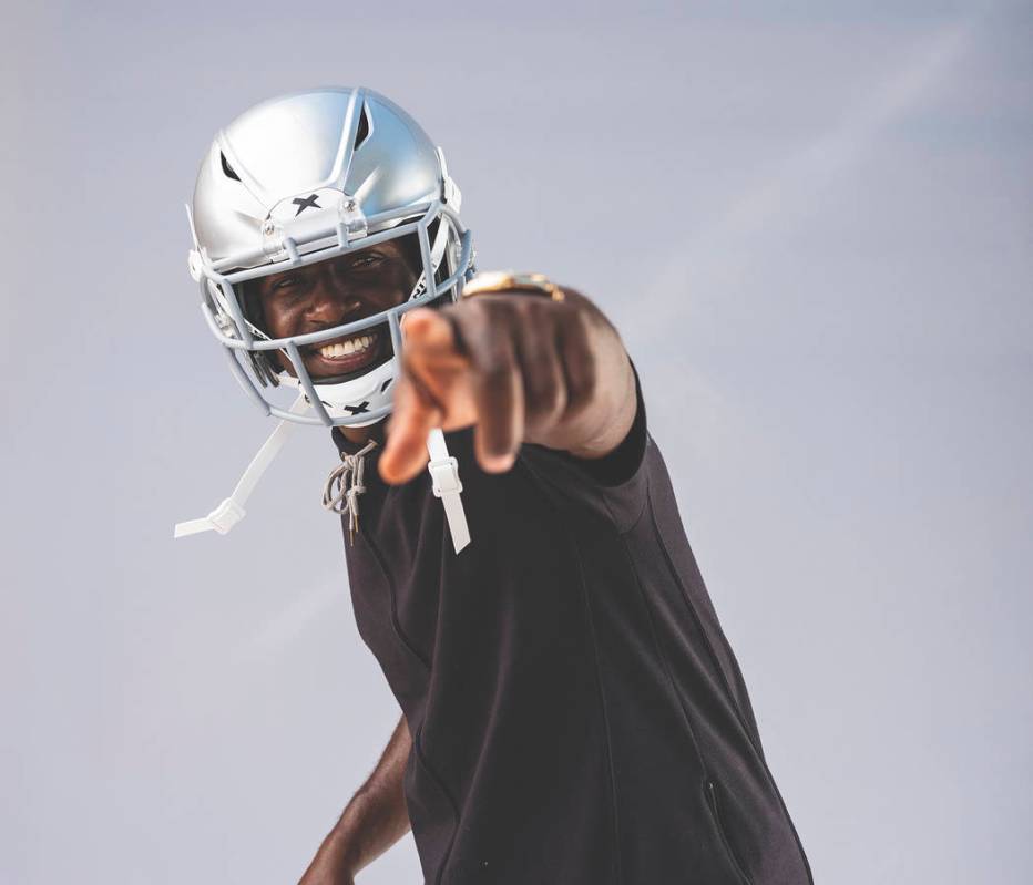 Raiders wide receiver Antonio Brown wears his new helmet, the Shadow by helmet-maker Xenith. Ph ...