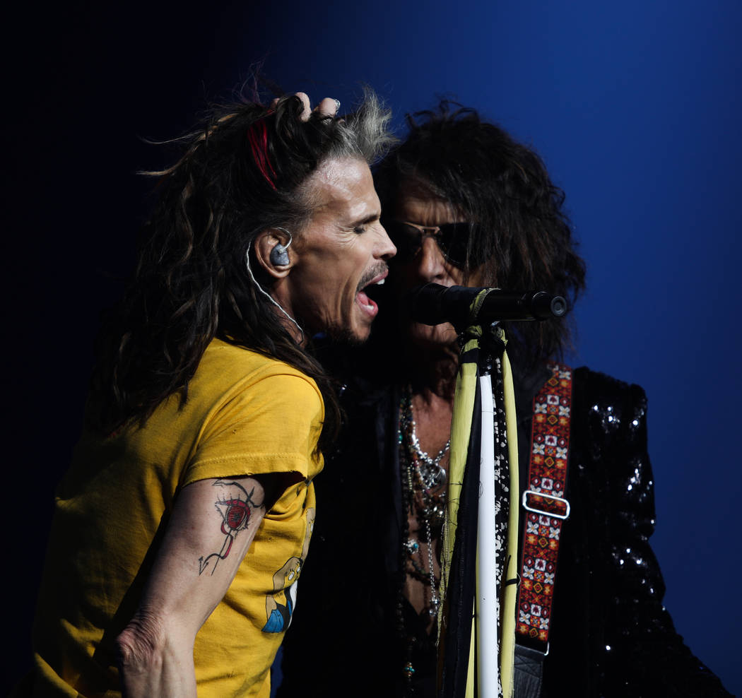 Joe Perry and Steven Tyler of Aerosmith is shown on opening night of the band's "Deuces Are Wil ...