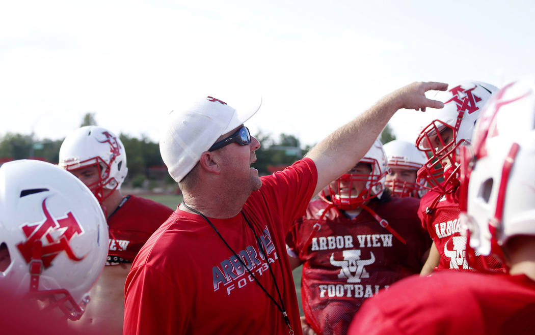 Arbor View varsity football head coach Matt Gerber during practice at Arbor View High School in ...