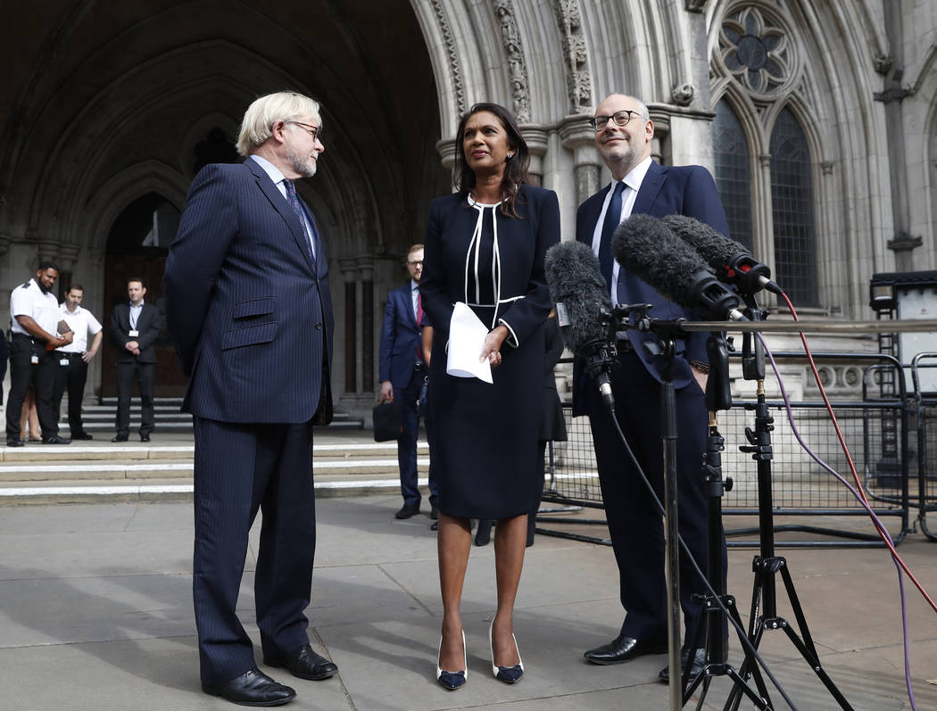 Anti Brexit campaigner Gina Miller speaks to the media outside the High Court in London, Friday ...