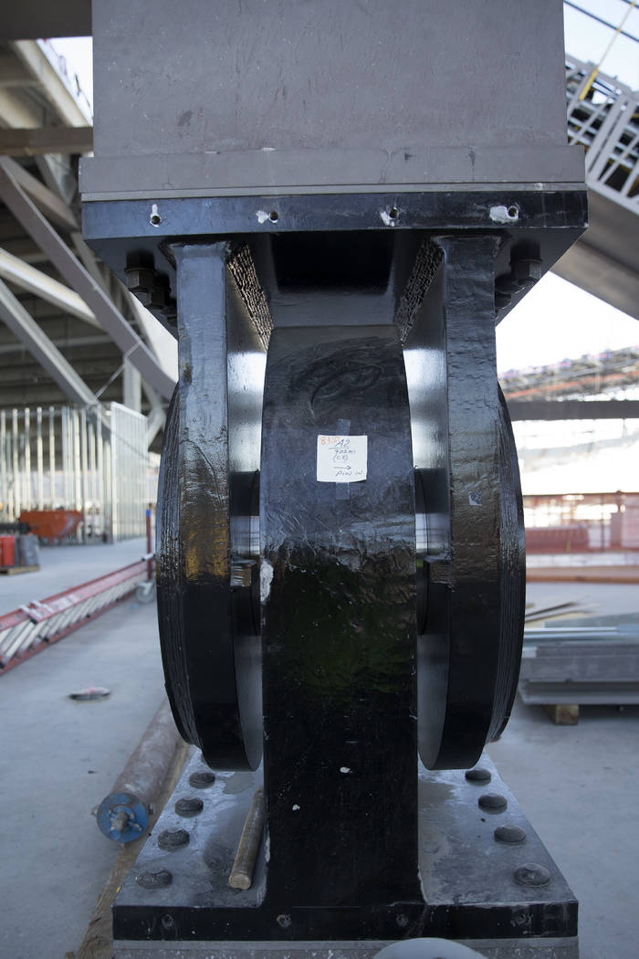 An earthquake friendly column and bearing at the Raiders stadium construction site in Las Vegas ...