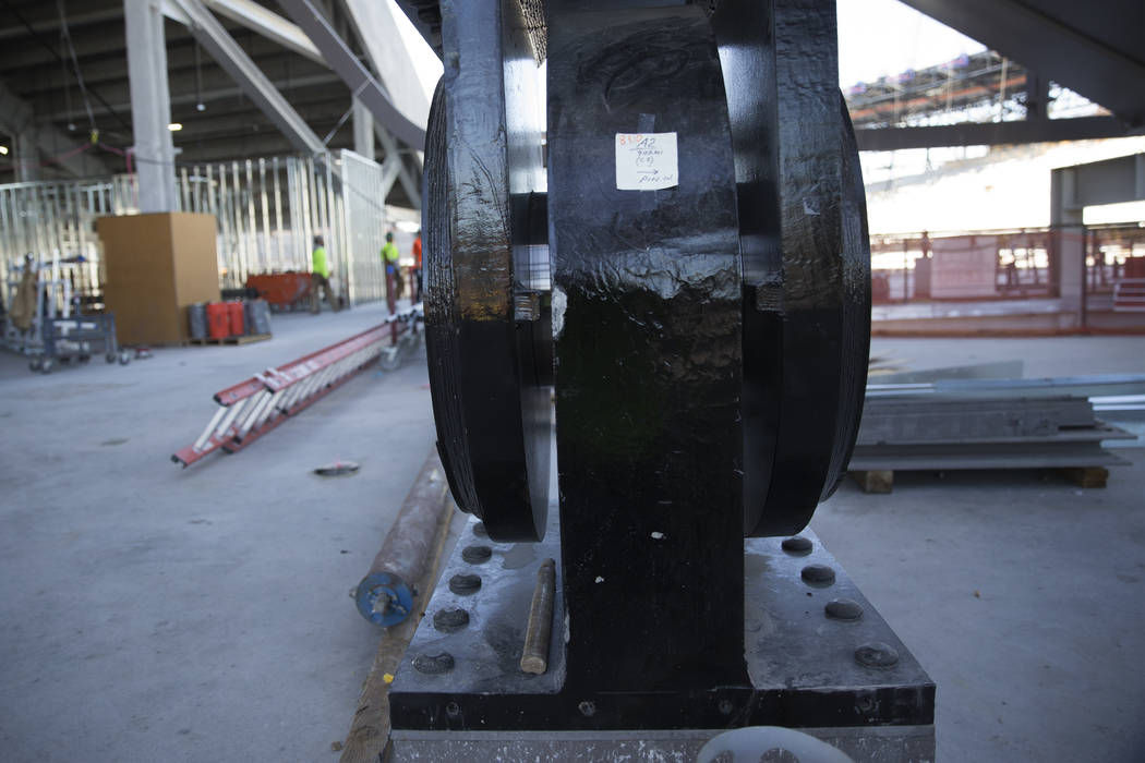 An earthquake friendly column and bearing at the Raiders stadium construction site in Las Vegas ...