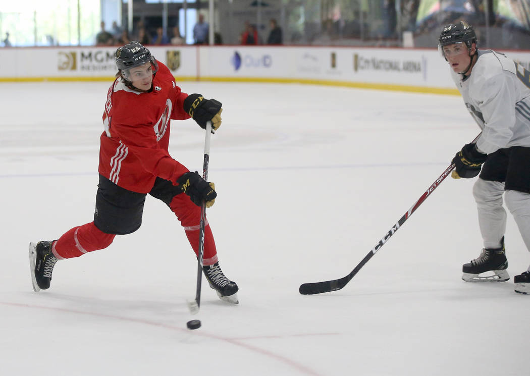 Forward Taro Jentzsch shoots during the Vegas Golden Knights rookie camp at City National Arena ...