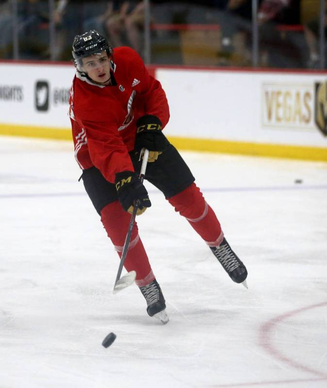 Forward Taro Jentzsch shoots during the Vegas Golden Knights rookie camp at City National Arena ...