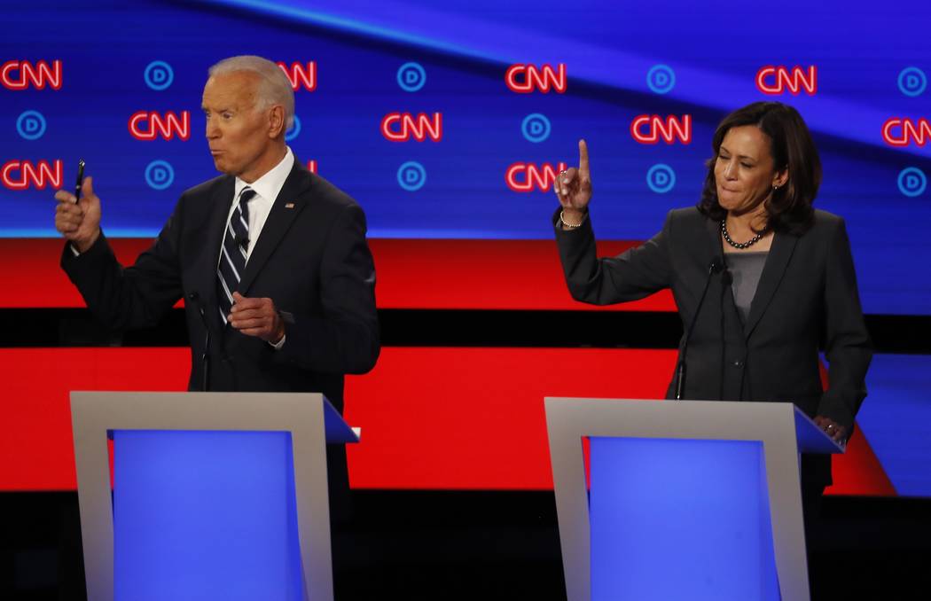 In this July 31, 2019 photo, Sen. Kamala Harris, D-Calif., and former Vice President Joe Biden ...