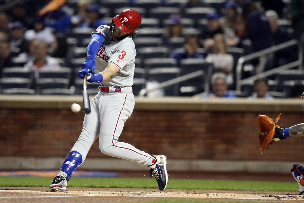 Philadelphia Phillies' Bryce Harper bats during the first inning of a baseball game against the ...