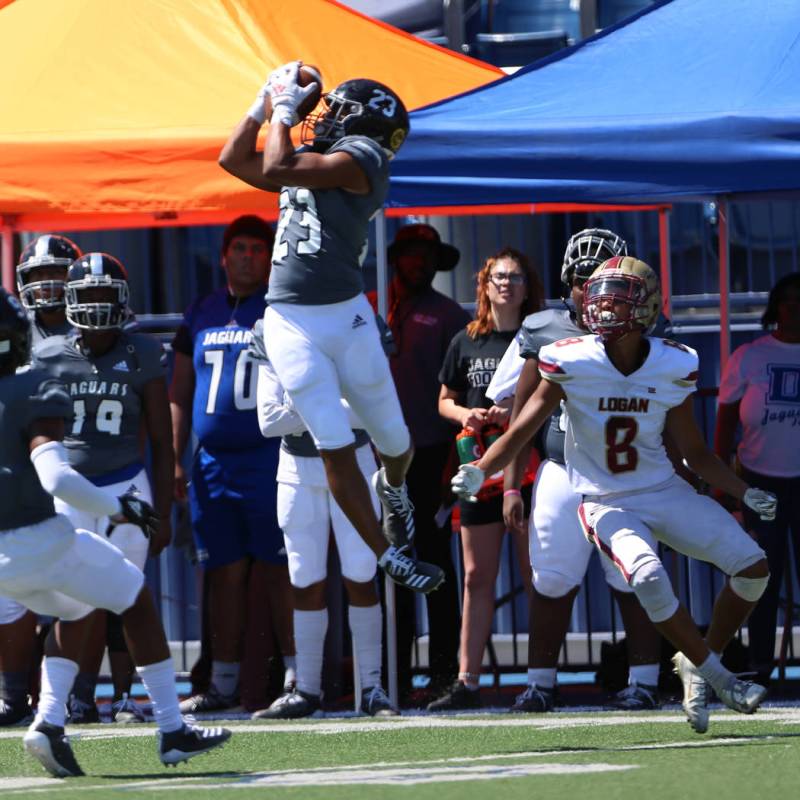 Desert Pines' Andrew Williams (23) grabs the ball for an interception against Logan's Isaac Lar ...