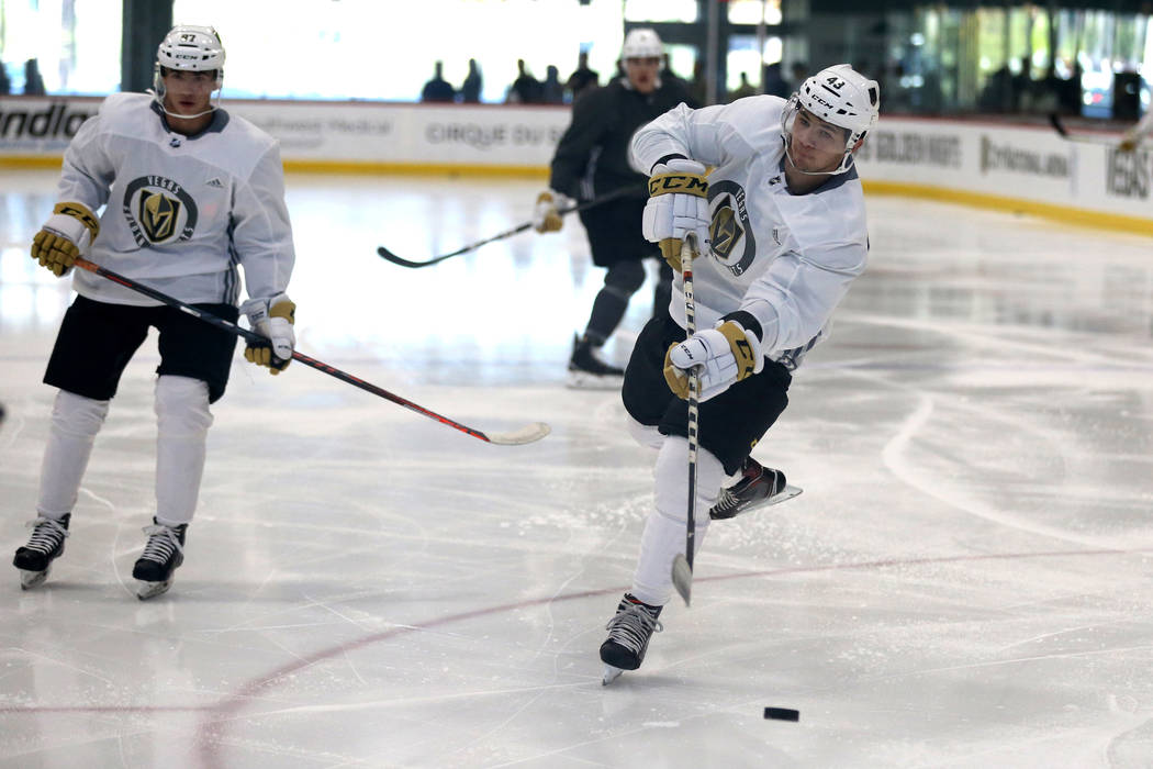 Vegas Golden Knights forward Paul Cotter shoots during the first day of development camp at Cit ...