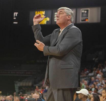 Las Vegas Aces head coach Bill Laimbeer asked for a foul to be called on a play during the firs ...