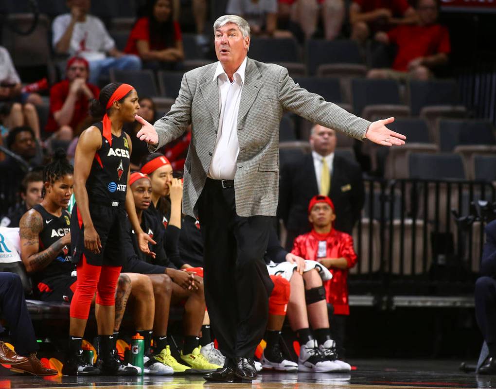 Las Vegas Aces head coach Bill Laimbeer reacts during the second half of a WNBA basketball game ...