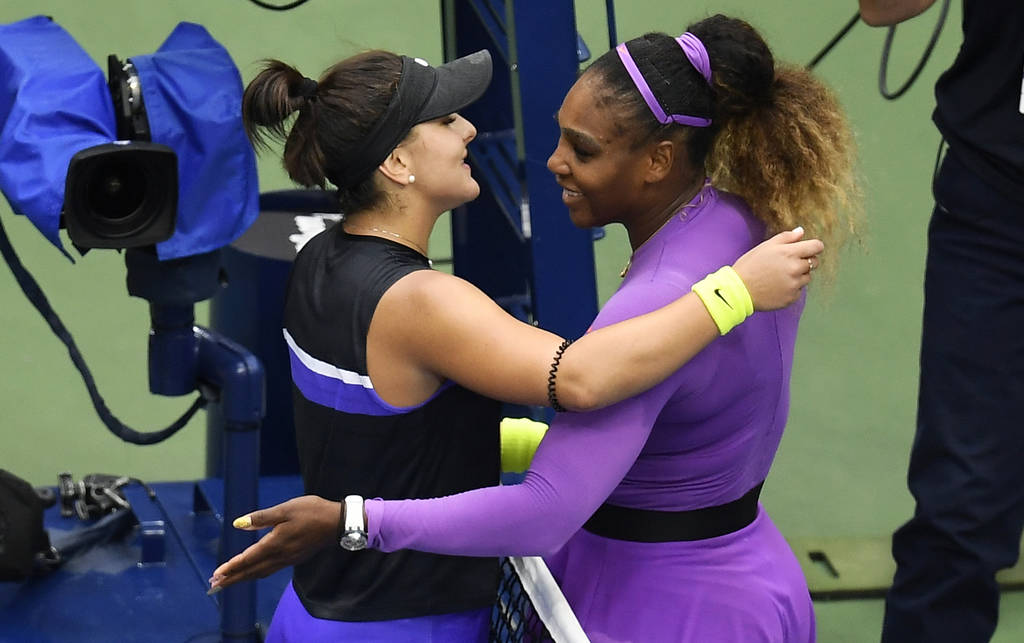 Serena Williams, of the United States, right, congratulates Bianca Andreescu, of Canada, after ...