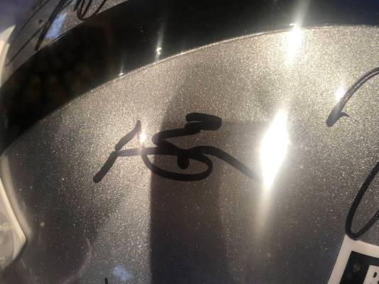 Antonio Brown's signature is shown on a Raiders' helmet at the sixth annual TRF Gala on Friday, ...