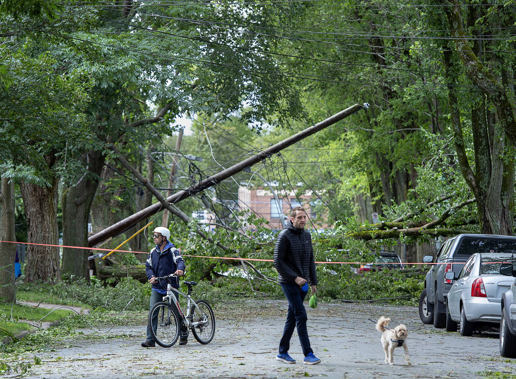 A street is blocked by fallen trees as a result of Hurricane Dorian pounding the area with heav ...