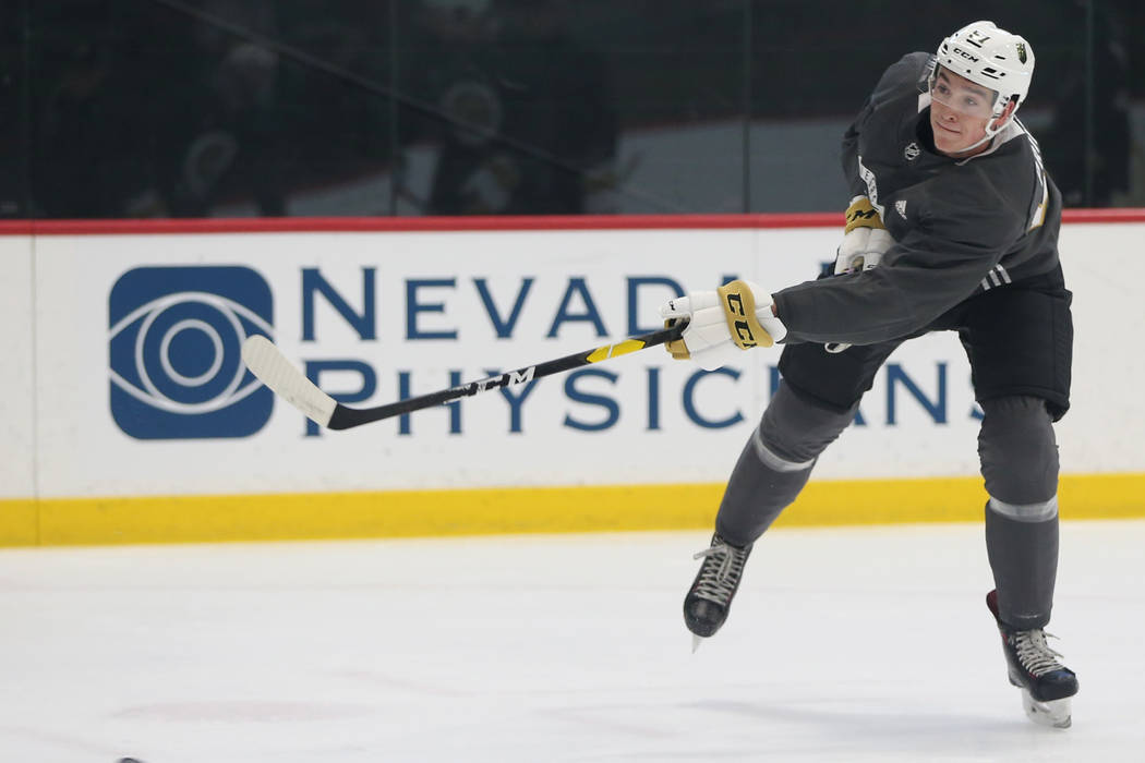 Vegas Golden Knights Mason Primeau (57) shoots the puck during development camp at City Nationa ...