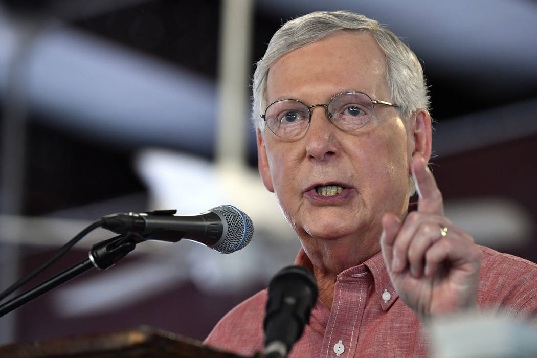 In a Saturday, Aug. 3, 2019, file photo, Senate Majority Leader Mitch McConnell, R-Ky., address ...