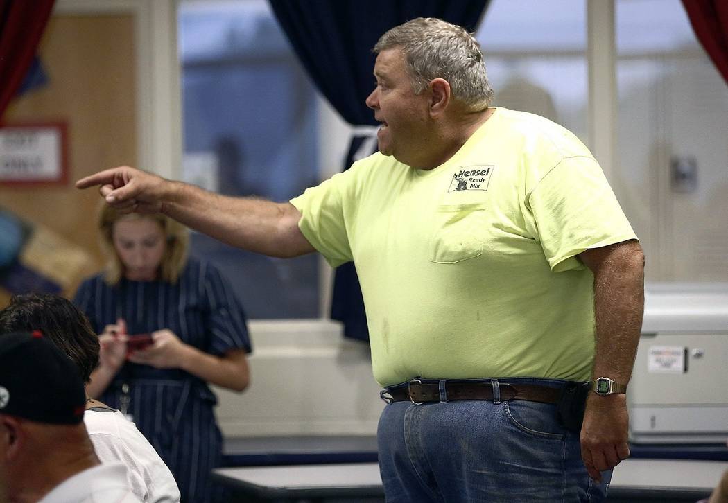 In this Aug. 22, 2019 photo, parent Dennis Hoffman expresses his displeasure at a meeting at Hi ...