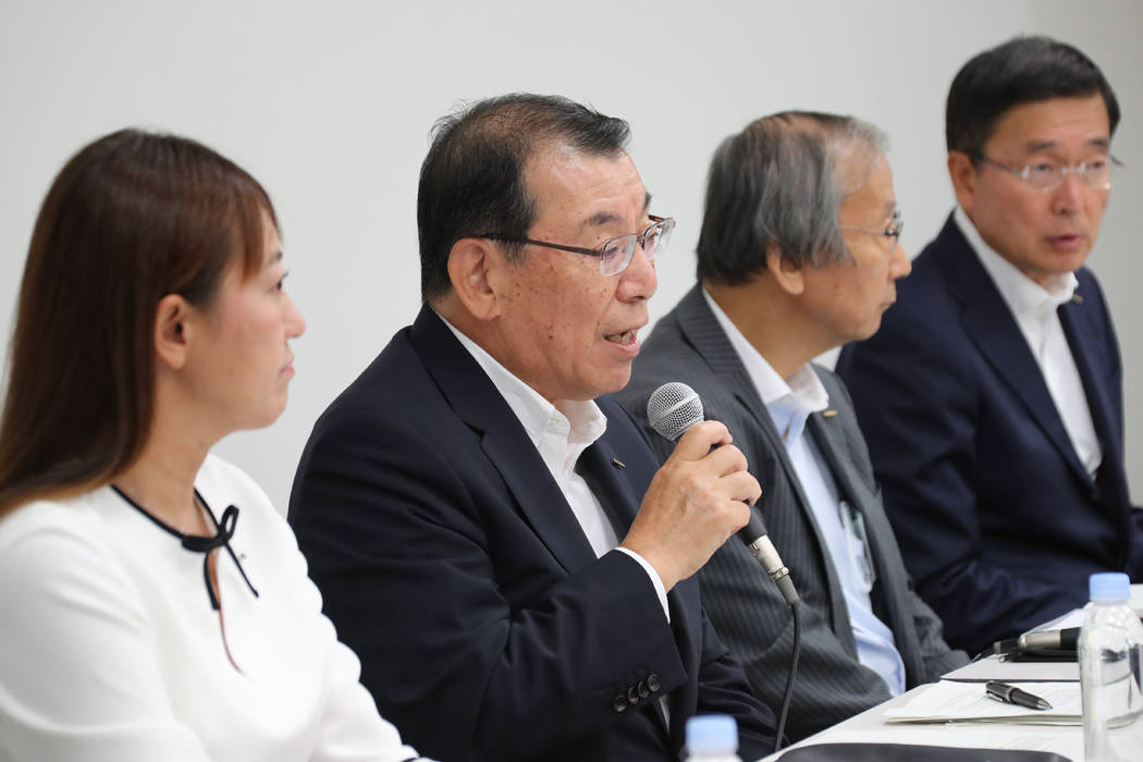 Nissan Motor Co.'s chair of the board of directors Yasushi Kimura, center left, speaks during a ...